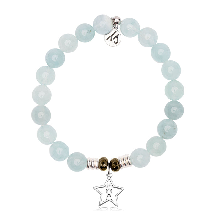 Blue Aquamarine Gemstone Bracelet with Mom Star Sterling Silver Charm