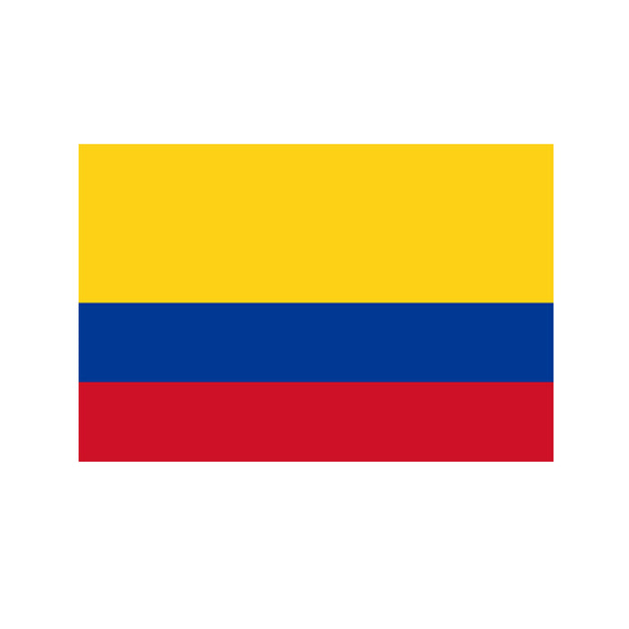 A rectangular flag featuring bands of yellow, red, and blue colors with a white border.