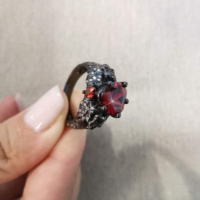 Crystal Heart Skull Ring