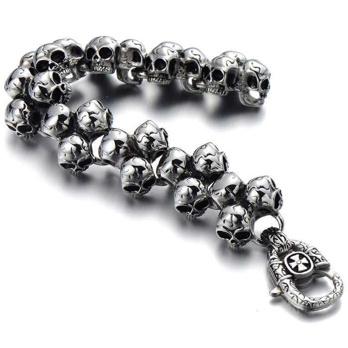 Gothic Large Stainless Steel Triple Skulls Bracelet for Men