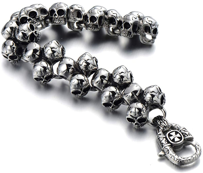 Gothic Large Stainless Steel Triple Skulls Bracelet for Men