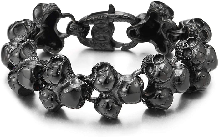 Gothic Large Stainless Steel Triple Skulls Bracelet for Men