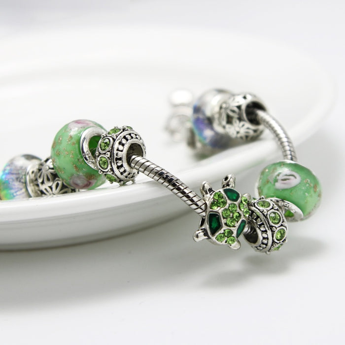 Green Crystal Beads Sea Turtle Adjustable Charm Bracelet