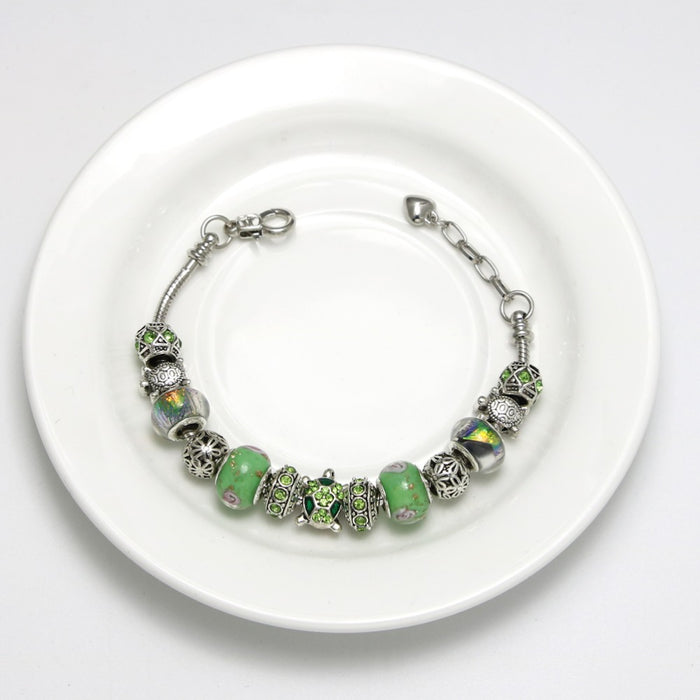 Green Crystal Beads Sea Turtle Adjustable Charm Bracelet