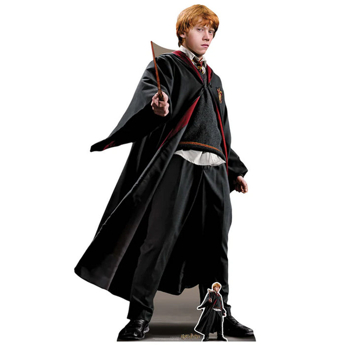 Life-size cardboard cutout of Ron Weasley from Harry Potter, featuring vibrant colors and detailed clothing, accompanied by a smaller mini cutout.