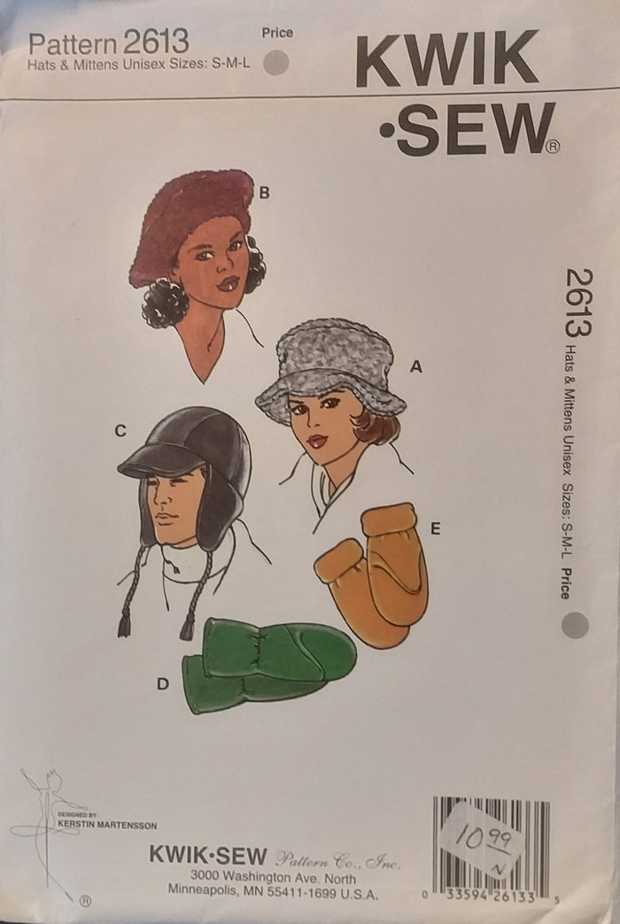 Kwik Sew 2613, Misses Hats,Mens Caps, Mittens, Uncut Sewing Pattern