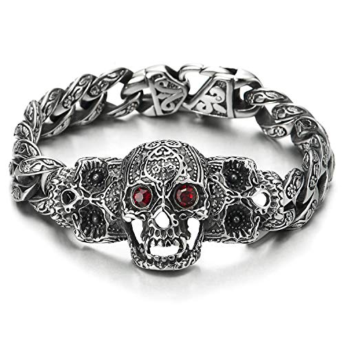 Men Steel Curb Chain Red Eye Skull Bracelet