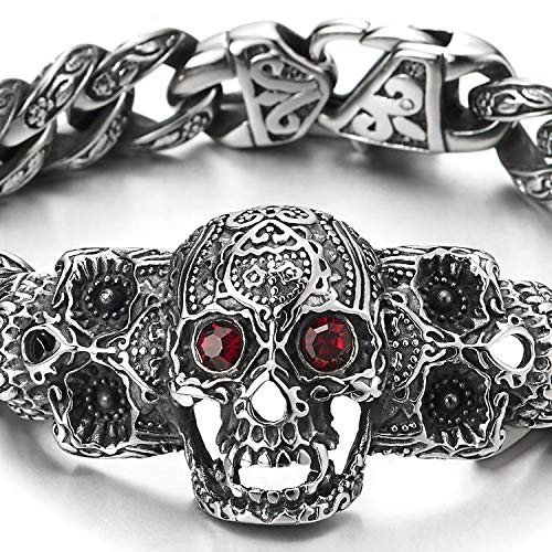 Men Steel Curb Chain Red Eye Skull Bracelet