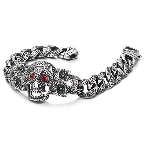 Men Steel Curb Chain Red Eye Skull Bracelet