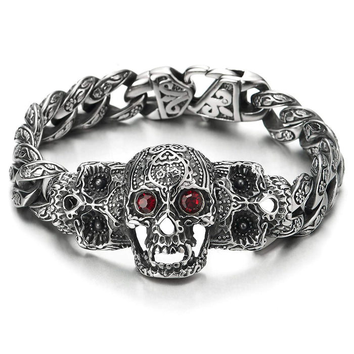 Men Steel Curb Chain Red Eye Skull Bracelet