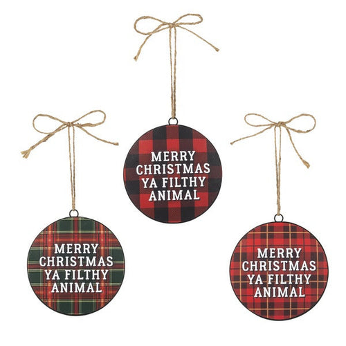 "Merry Christmas Ya Filthy Animal" Plaid Disc Ornament