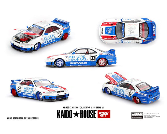 Nissan Skyline GT-R R33 BFTHR V1 White Blue Two-tone House Kaido House Mini GT 1/64 KHMG213