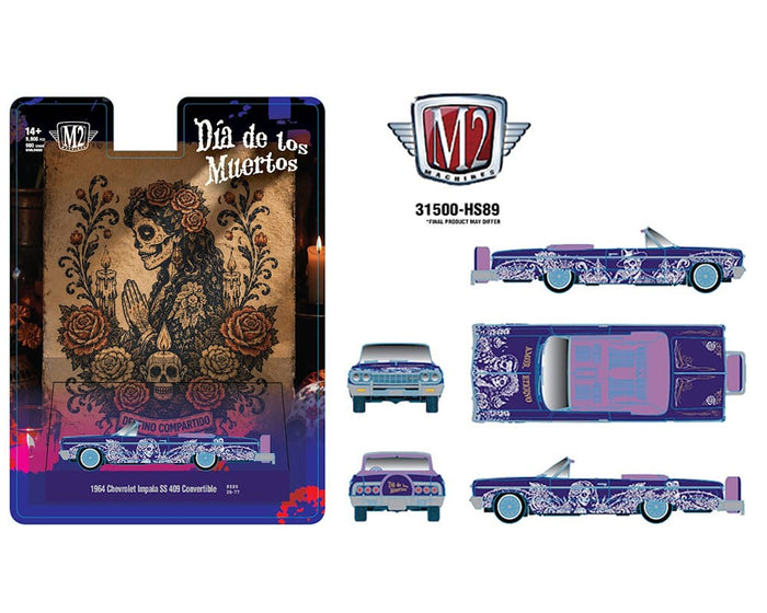 (PRE-ORDER) 1964 Chevrolet Impala SS 409 Convertible Dia De Los Muertos Purple M2 Machines 1:64 31500-HS89
