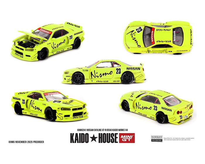 (pre-order) Nissan Skyline GT-R R34 Kaido Works V4 Yellow Kaido House Mini GT 1/64 scale KHMG241