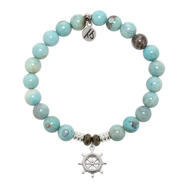 Robin Egg Agate Gemstone Bracelet with Captain Wheel Sterling Silver Charm