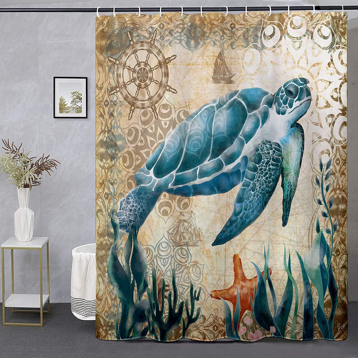 Sea Turtle Ocean Shower Curtain Set with 12 Hooks, 72" x 72"