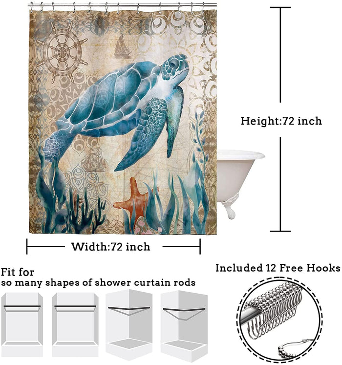 Sea Turtle Ocean Shower Curtain Set with 12 Hooks, 72" x 72"