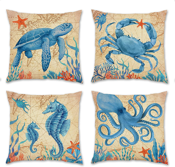 Set of 4 Ocean Summer Decorative Throw Pillow Case 18x18