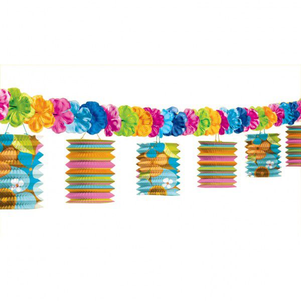 A garland of colorful tiki lanterns and flowers designed for tropical or Caribbean themed events.