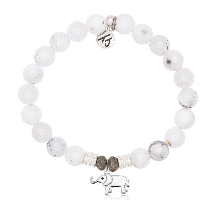 White Chalcedony Gemstone Bracelet with Lucky Elephant Cutout Sterling Silver Charm