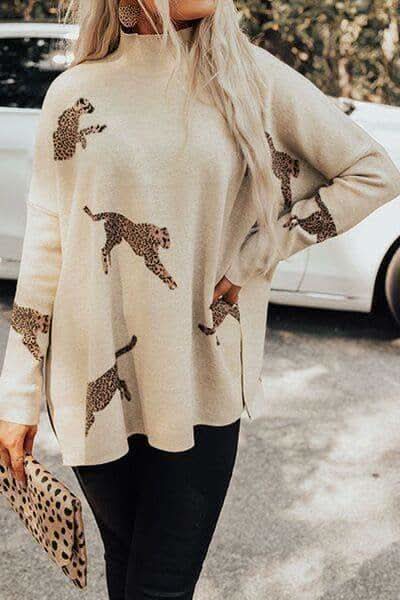WILD THING Animal Pattern Mock Neck Long Sleeve Slit Sweater - Cream