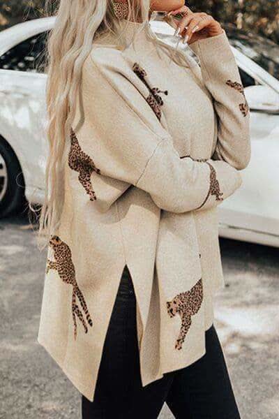 WILD THING Animal Pattern Mock Neck Long Sleeve Slit Sweater -