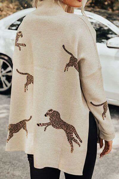 WILD THING Animal Pattern Mock Neck Long Sleeve Slit Sweater -